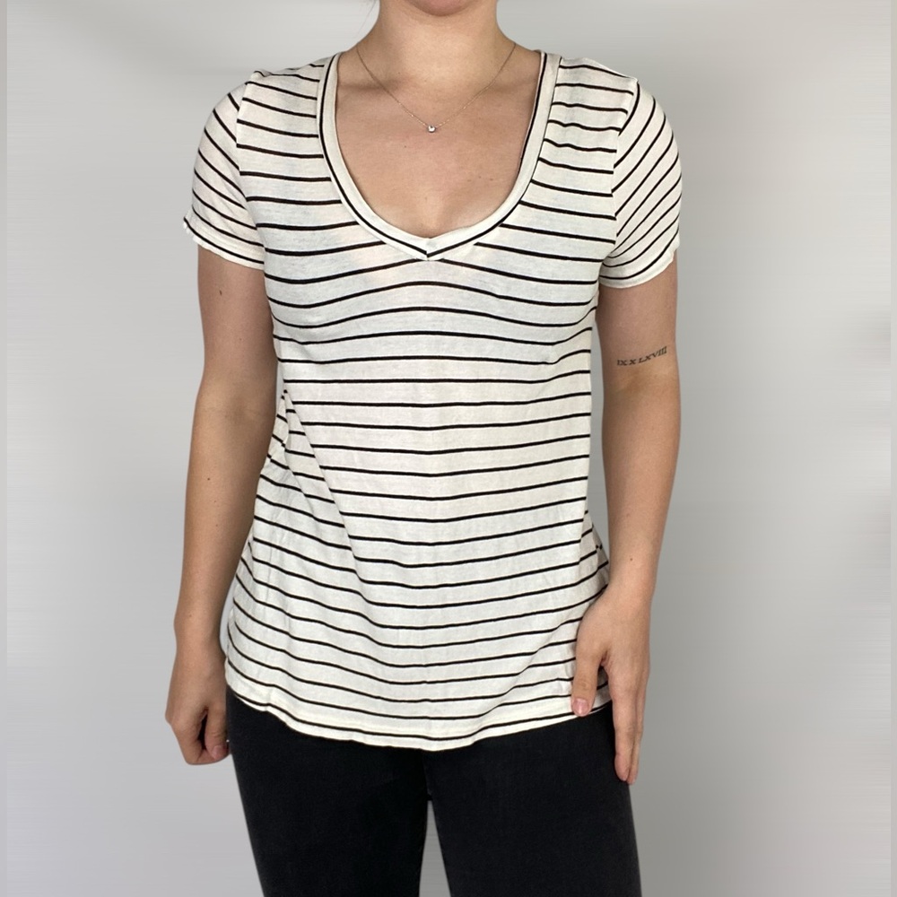LACAUSA V Neck Stripe Tee Short Sleeve Casual Loungewear